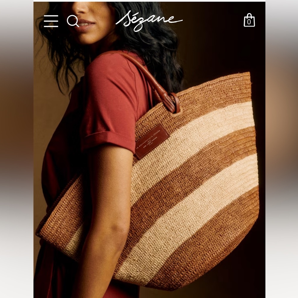 Sezane Raffia Striped Tote - Brown and Tan - Picture 2 of 10